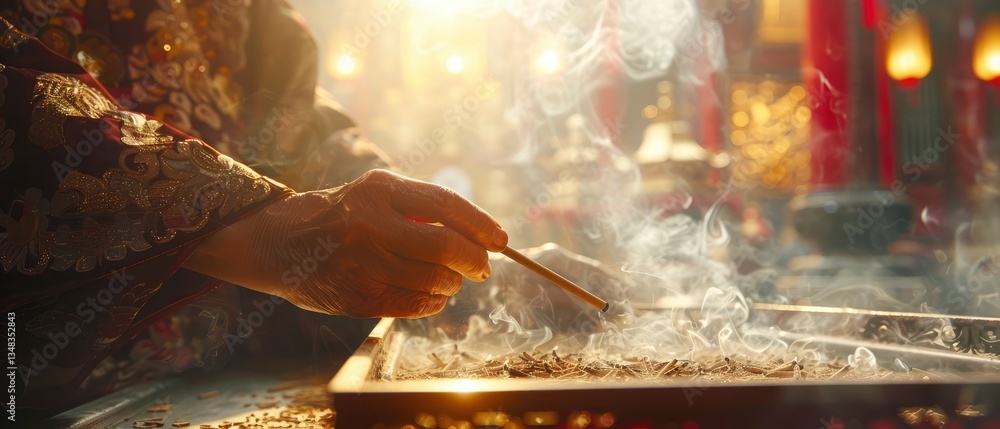 Obraz premium Serene moment of incense burning in a traditional temple, with soft light illuminating the scene