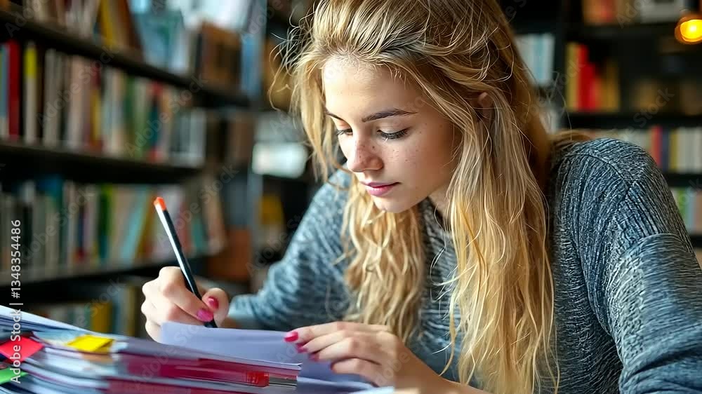 Young woman studying in a library with books around Young woman studying in a library with books around