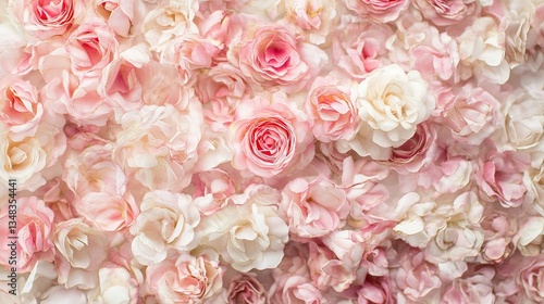 A close up view displays many pink and white roses