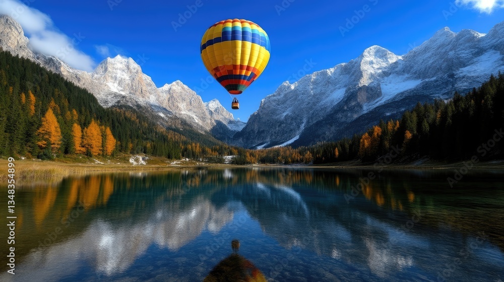 Fototapeta premium Colorful hot air balloon over a serene mountain lake, autumn foliage, and snow-capped peaks. Tranquil alpine landscape