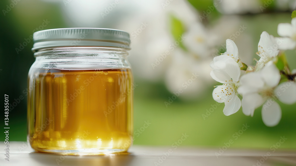 Golden honey jar on wooden table surrounded by blooming flowers in a sunny garden setting. honey season, beekeeping, apiary, organic honey Golden honey jar on wooden table surrounded by blooming flowers in a sunny garden setting. honey season, beekeeping, apiary, organic honey