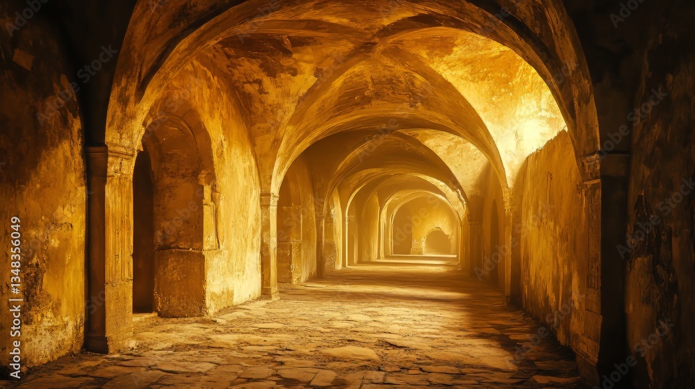 Mysterious golden-lit ancient corridor with arches and textured stone floor. Mysterious golden-lit ancient corridor with arches and textured stone floor.