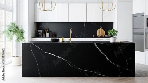 Modern kitchen with black marble island