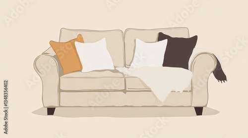 Elegant Beige Sofa with Cozy Throw and Pillows, Perfect for a Relaxing Living Room