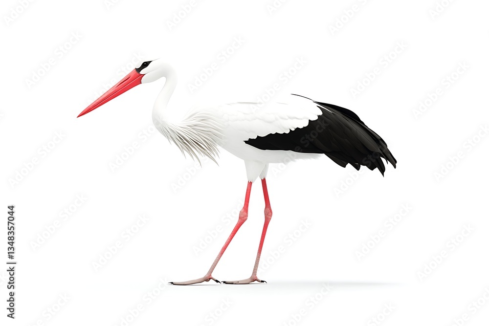 White stork, profile view, isolated on white background. Possible use in educational materials or nature photography White stork, profile view, isolated on white background. Possible use in educational materials or nature photography