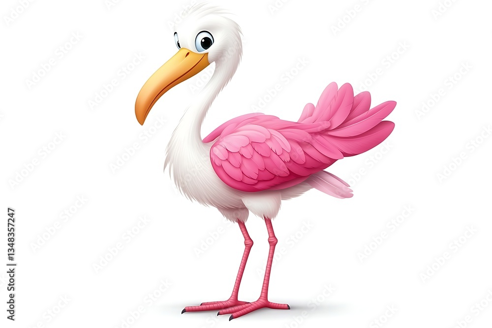 Fototapeta premium Cartoon pink bird, side view, against white background. Possible use children's book illustration