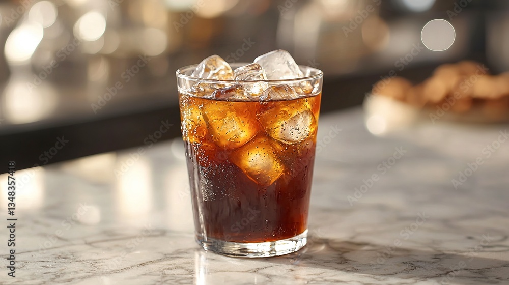 A refreshing glass of iced cold cola sitting on the counter A refreshing glass of iced cold cola sitting on the counter
