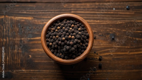 Black pepper in bow on table. Pile of ground black pepper.