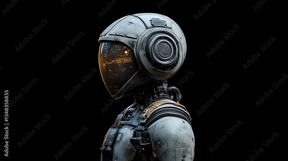 Futuristic Robot Wearing Helmet with City Reflection and Black Background Futuristic Robot Wearing Helmet with City Reflection and Black Background