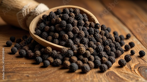 Black pepper in bow on table. Pile of ground black pepper.