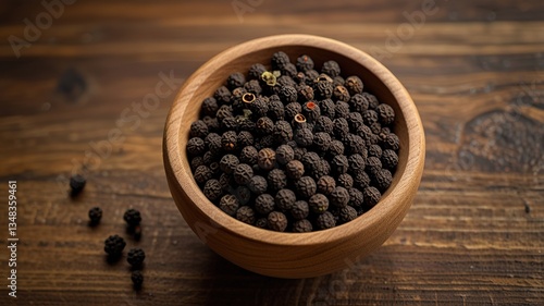 Black pepper in bow on table. Pile of ground black pepper.