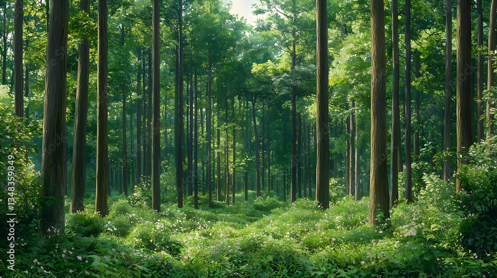 Obraz premium Lush Green Forest Interior With Tall Trees Sunlight Illuminating Path Through Dense Foliage