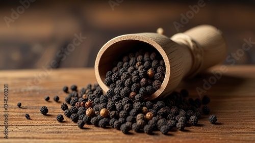 Black pepper in bow on table. Pile of ground black pepper.