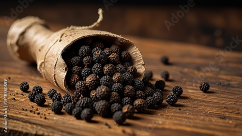 Black pepper in bow on table. Pile of ground black pepper.