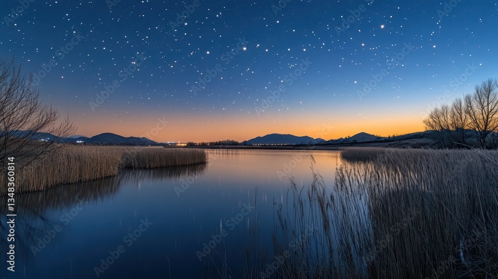 A peaceful lake at dusk with gentle ripples, surrounded by tall grasses and silhouetted mountains. Stars twinkle brightly in a clear sky, creating a tranquil atmosphere A peaceful lake at dusk with gentle ripples, surrounded by tall grasses and silhouetted mountains. Stars twinkle brightly in a clear sky, creating a tranquil atmosphere