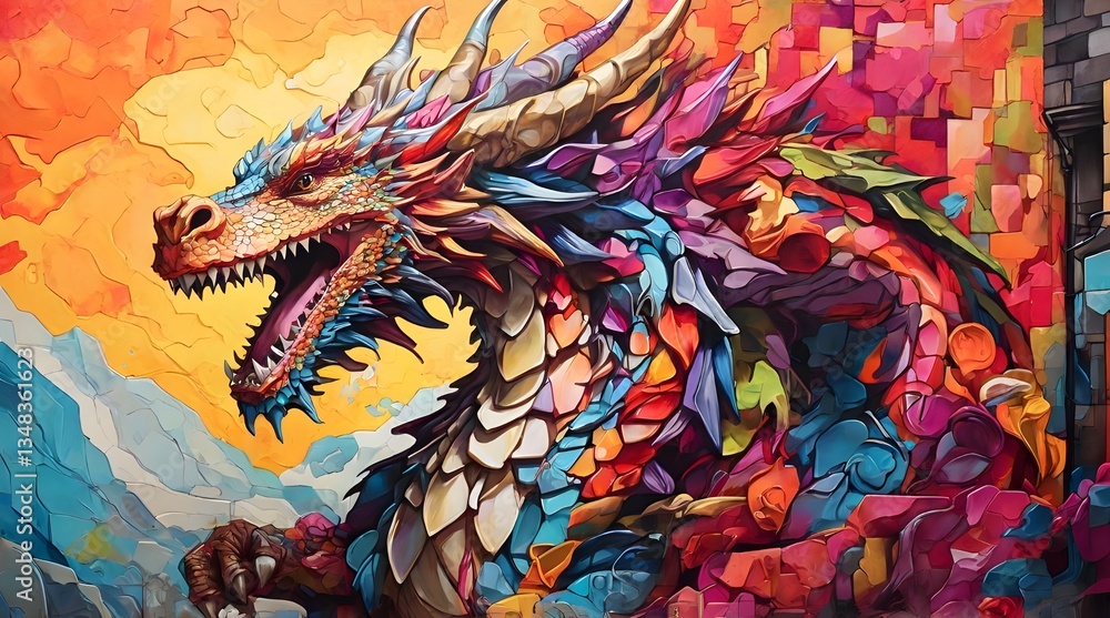 Colorful dragon mural urban art city wall.generative.ai Colorful dragon mural urban art city wall.generative.ai