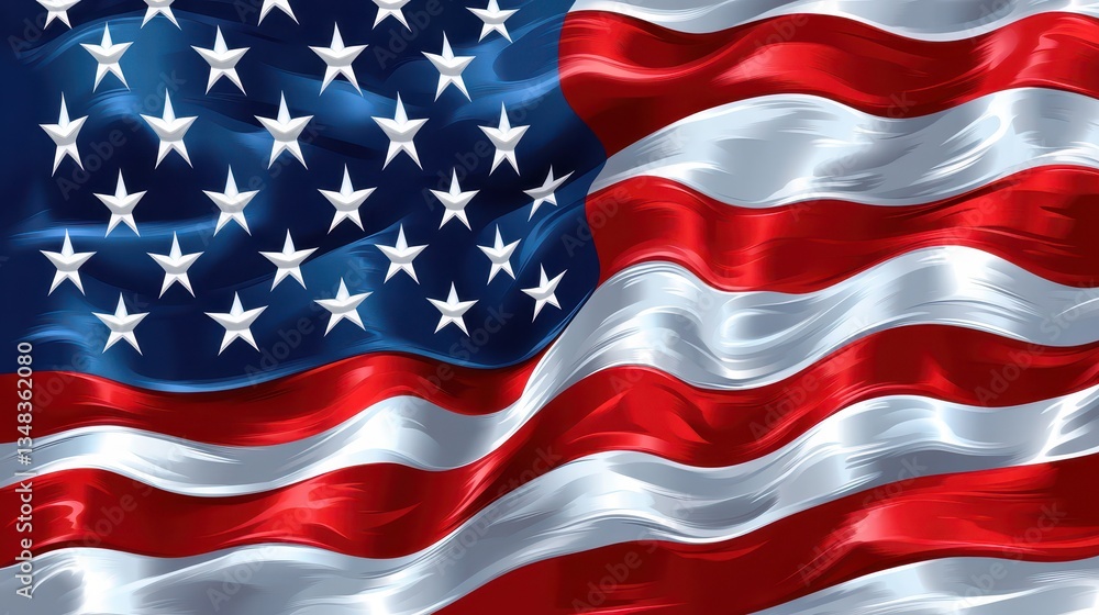 Obraz premium The United States flag unfurls in the wind, showcasing its bright red stripes and blue field adorned with white stars. The vivid colors contrast beautifully against a clear sky