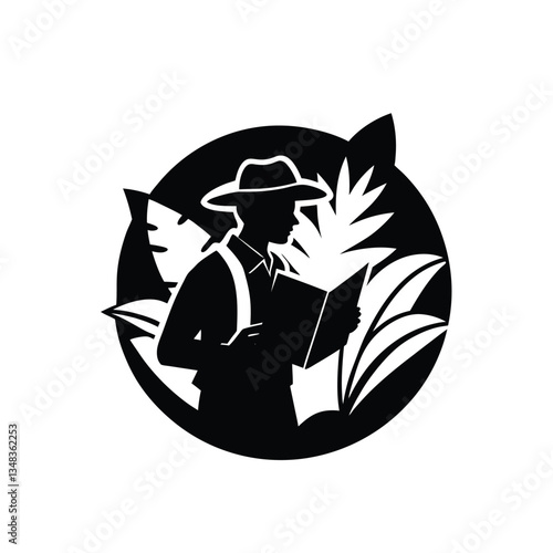 explorer with a map in jungle silhouette vector