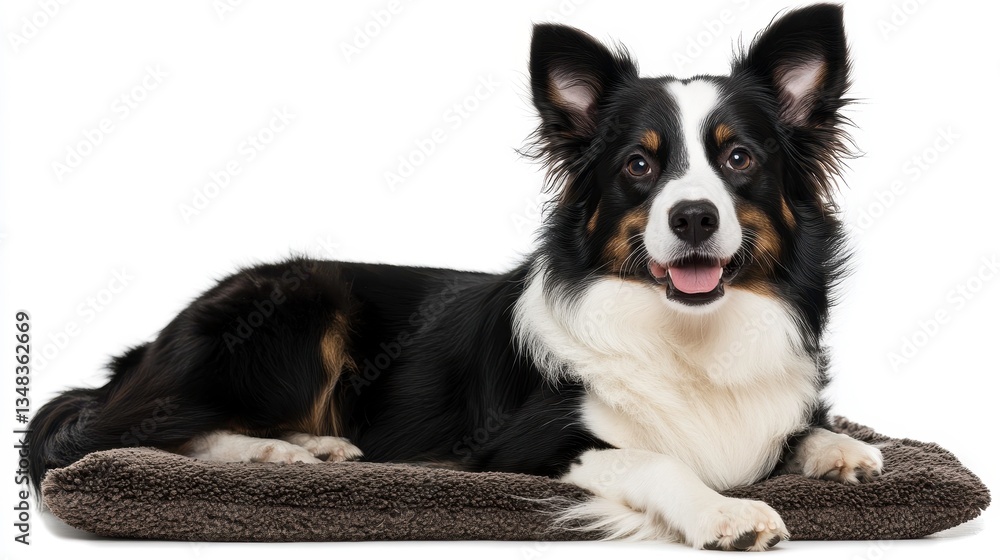 Fototapeta premium Playful dog relaxing on a cozy mat indoors captured in a bright and cheerful setting