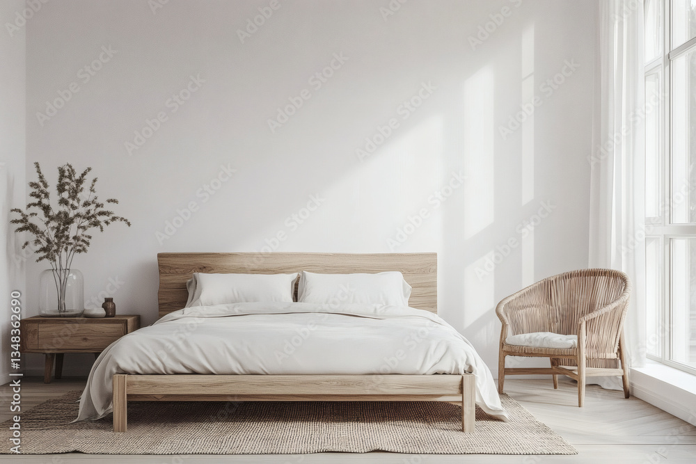 Fototapeta premium Bright Minimalist Bedroom with Wooden Bed Frame and Natural Light Through Window in Modern Interior Design and Wicker Chair