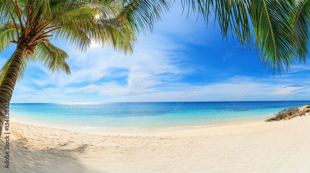 Obraz premium A tranquil tropical beach showcases white sand and crystal clear waters under a vast blue sky. Palm trees provide shade, creating a perfect relaxation spot for visitors
