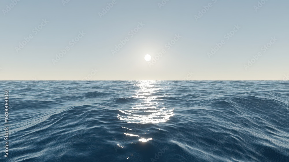 Fototapeta premium A serene ocean stretches to the horizon with gentle waves. The bright sun is setting, casting reflections on the tranquil water, creating a peaceful atmosphere