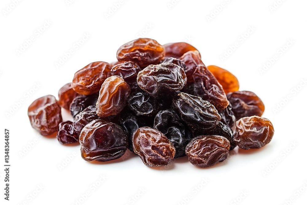 A pile of dark brown raisins isolated on white background. A pile of dark brown raisins isolated on white background.