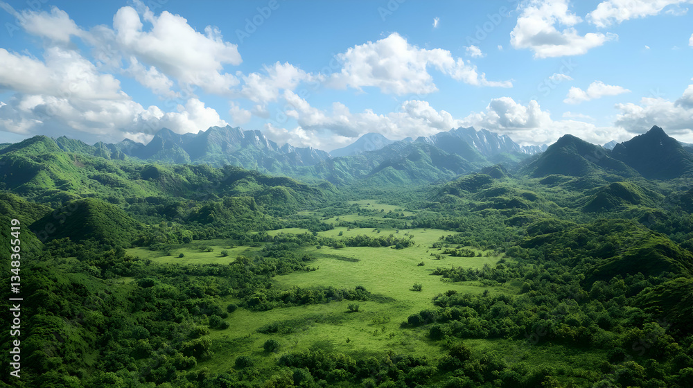 Aerial View Of Lush Tropical Valley With Mountains And Clouds Aerial View Of Lush Tropical Valley With Mountains And Clouds