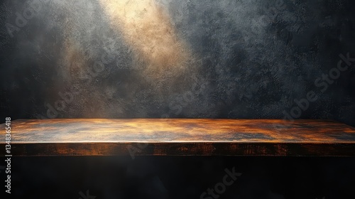 A rustic wooden table sits under a beam of light, showcasing its rich texture and warmth, set against a dark, moody backdrop that enhances its character