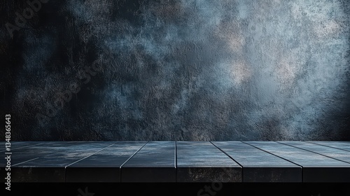 The setting features a textured dark wall with a subtle pattern, accompanied by a sleek wooden floor. This empty space is perfect for artistic presentations or creative display setups