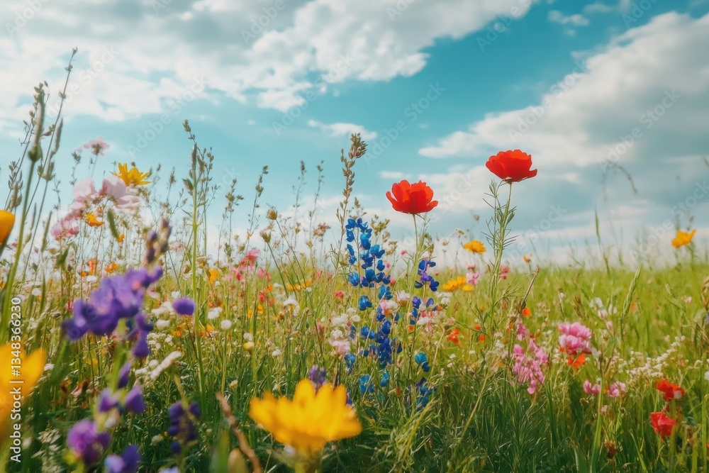 Obraz premium Vibrant wildflowers bloom under a bright sky in a serene countryside setting during spring