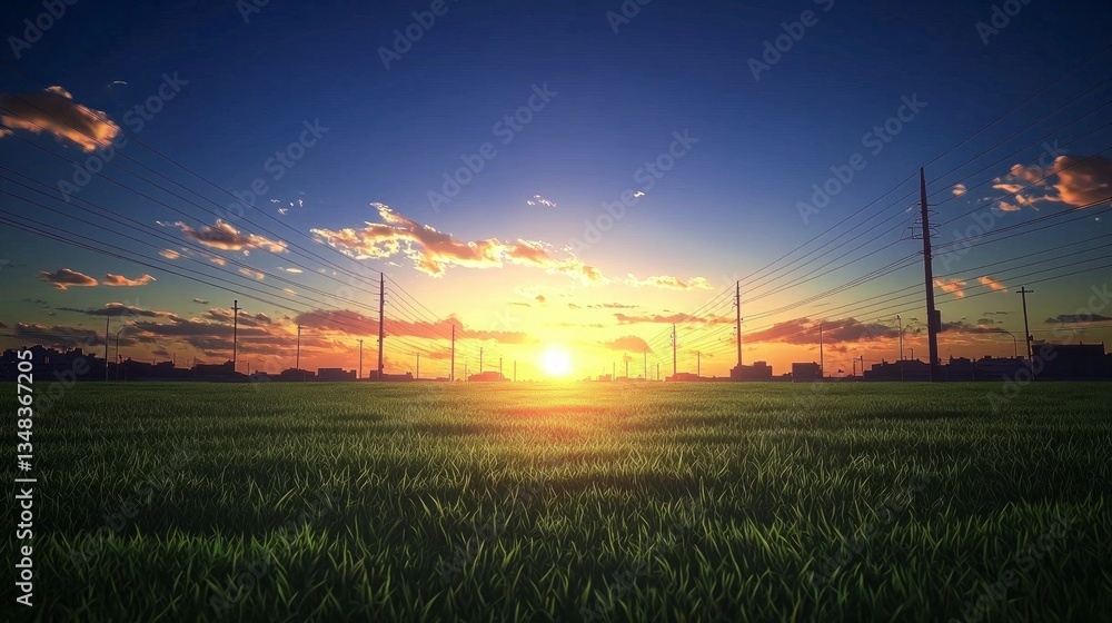 Obraz premium Serene Sunset Grassy Field City Skyline Power Lines