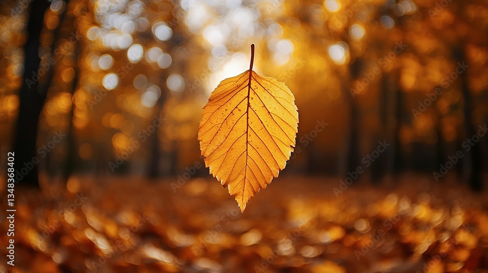 A single golden leaf floats gracefully in a blurred autumn forest A single golden leaf floats gracefully in a blurred autumn forest