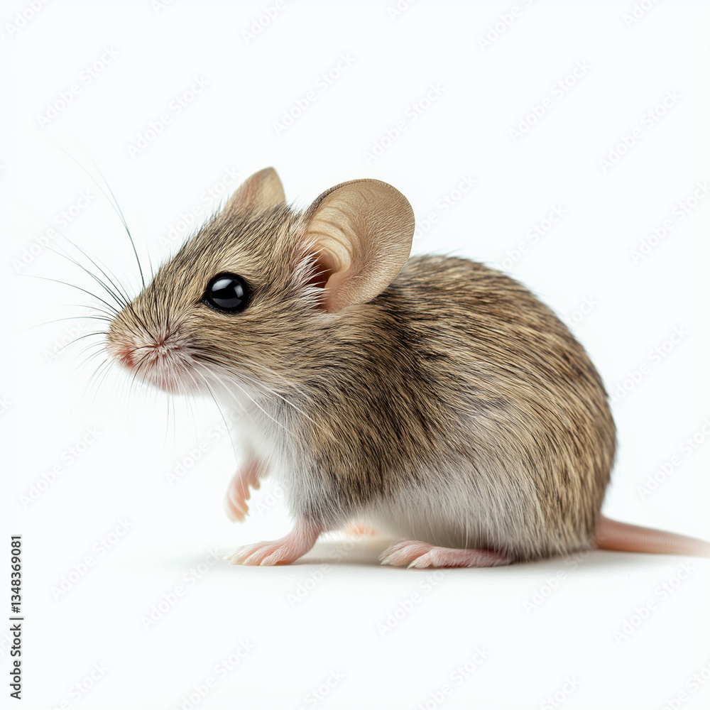 A small brown mouse is shown, likely stock photography. The rodent is isolated on a white background and photographed in a studio setting A small brown mouse is shown, likely stock photography. The rodent is isolated on a white background and photographed in a studio setting