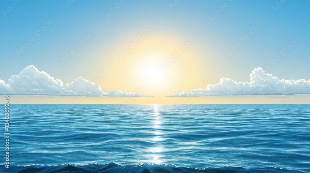 Fototapeta premium Bright sun rises above the tranquil ocean, illuminating the water and clouds in a serene landscape. The scene captures a peaceful moment at dawn, showcasing natural beauty