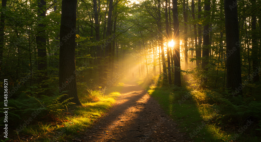 Fototapeta premium Sunbeams Illuminate Misty Forest Path at Dawn