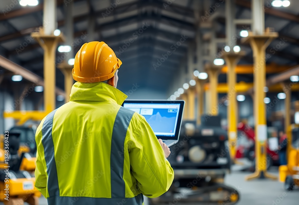 Worker Inspecting Heavy Equipment with Laptop in Industrial Warehouse Setting Worker Inspecting Heavy Equipment with Laptop in Industrial Warehouse Setting