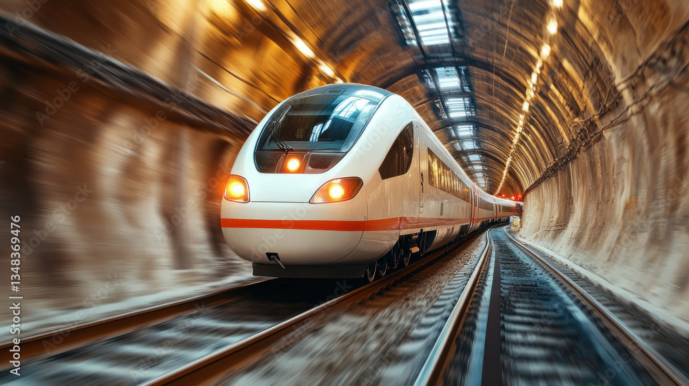 Naklejka premium Fast train moving through tunnel, showcasing modern transportation technology and engineering marvels. dynamic motion evokes excitement and speed