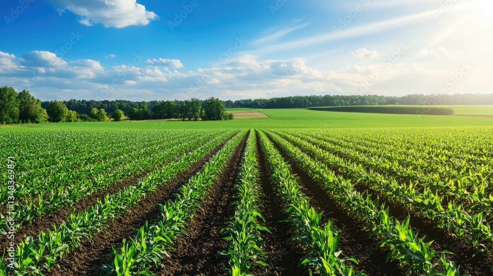A vast, cultivated cornfield with rows of green crops under a bright sky, symbolizing sustainability and Earth Day, perfect for eco-friendly product promotions A vast, cultivated cornfield with rows of green crops under a bright sky, symbolizing sustainability and Earth Day, perfect for eco-friendly product promotions