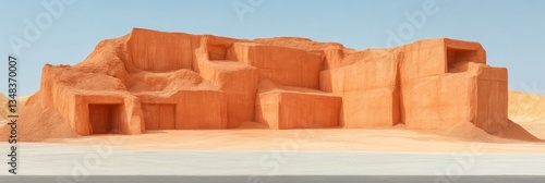 Minimalist mud brick dwellings built into orange clay cliffs in a desert under a clear blue sky.