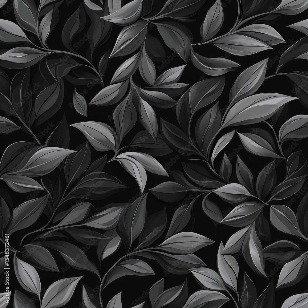 Dark monochrome botanical leaf pattern. Detailed illustration of various leaf shapes, stems, and branches creates a rich, dense design. Monochromatic grayscale effect Dark monochrome botanical leaf pattern. Detailed illustration of various leaf shapes, stems, and branches creates a rich, dense design. Monochromatic grayscale effect