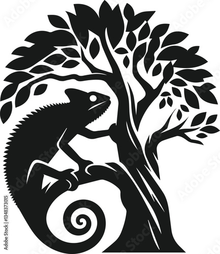 silhouette of a chameleon climbing up a tree trunk