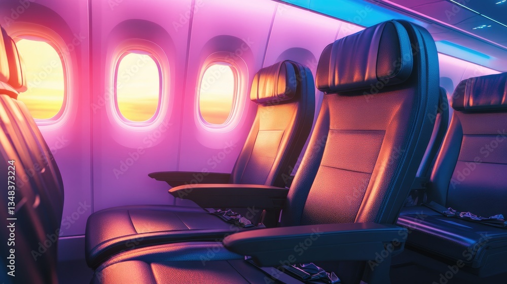 Airplane cabin mockup showing empty seats with minimalistic design, soft lighting accentuating the clean, modern atmosphere. Ideal for airline interior design promotions Airplane cabin mockup showing empty seats with minimalistic design, soft lighting accentuating the clean, modern atmosphere. Ideal for airline interior design promotions
