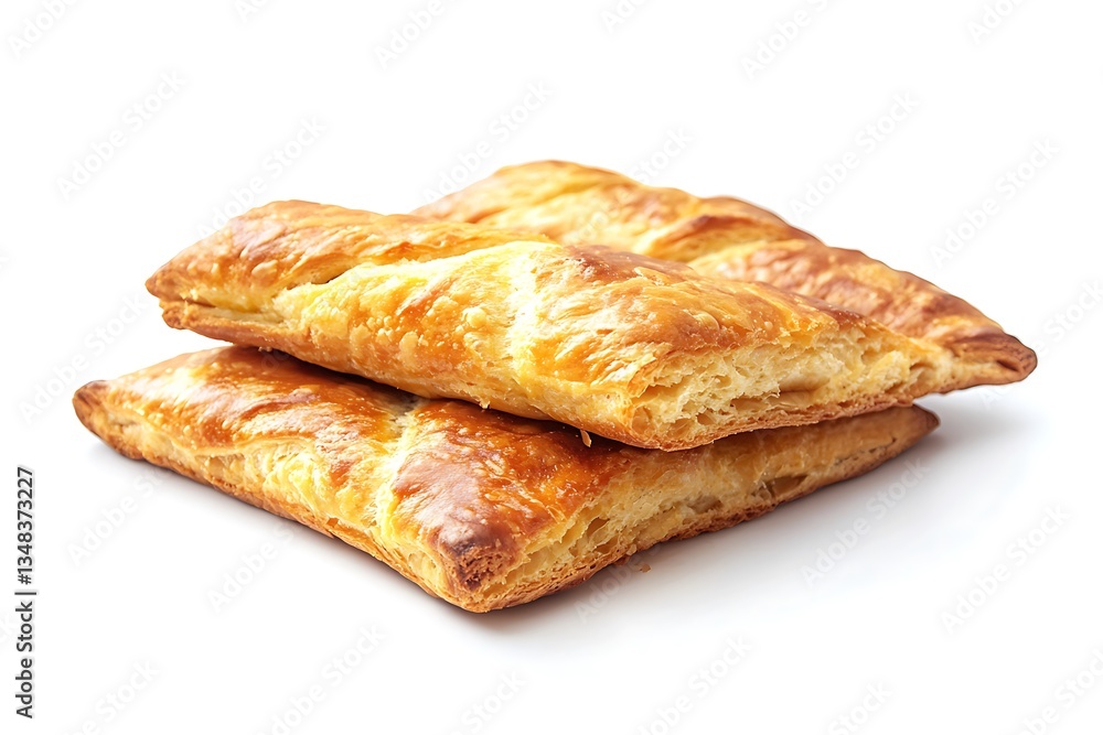 Two golden-brown puff pastries stacked. Two golden-brown puff pastries stacked.
