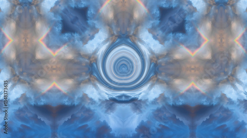 A mesmerizing symmetrical sky design with swirling cloud formations and rainbow accents.
