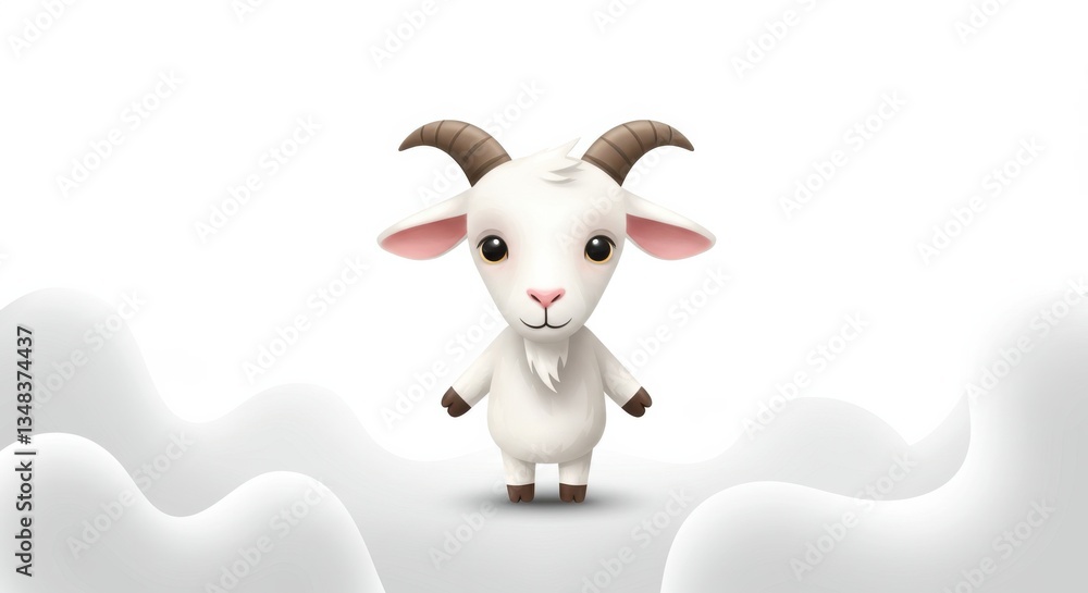 Fototapeta premium Cute Cartoon White Goat in Fluffy Clouds