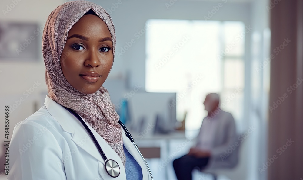 An Arab female doctor in a hijab and uniform smiles and looks at the camera, a specialist at her workplace, a concept of equality, growth, and opportunities, generated by AI An Arab female doctor in a hijab and uniform smiles and looks at the camera, a specialist at her workplace, a concept of equality, growth, and opportunities, generated by AI