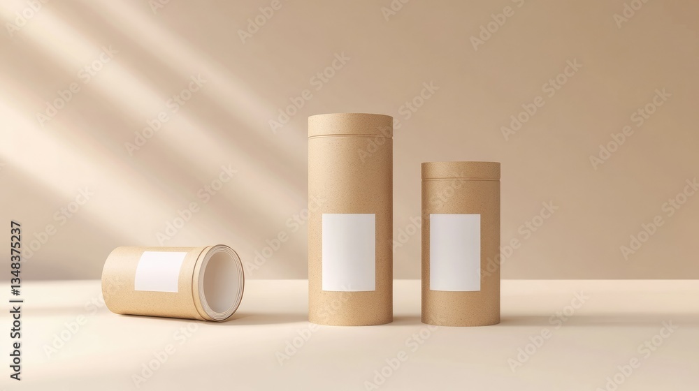 Cardboard tube packaging mockup with blank paper label, set against a soft beige background. Perfect for eco-friendly product presentation, with a clean and natural look Cardboard tube packaging mockup with blank paper label, set against a soft beige background. Perfect for eco-friendly product presentation, with a clean and natural look