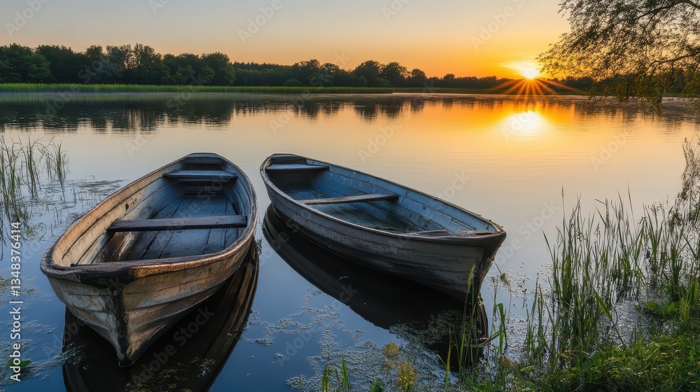 Fototapeta premium Two old wooden boats float peacefully on a calm lake as the sun sets, casting golden hues over the water and trees, creating a serene atmosphere