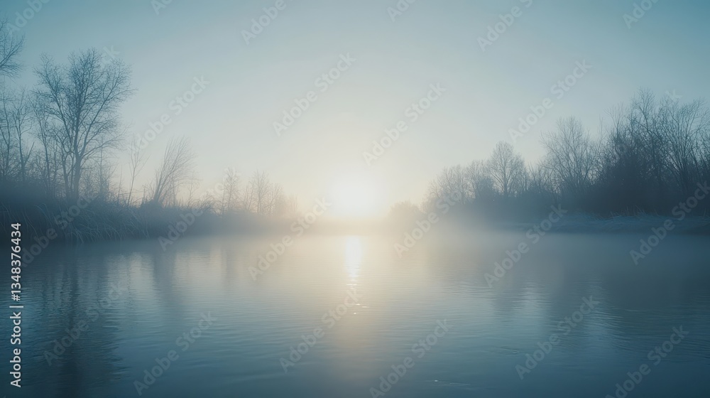 A serene river reflects fog as the sun rises, illuminating the landscape. Bare trees line the misty banks, creating a peaceful atmosphere in the early morning light A serene river reflects fog as the sun rises, illuminating the landscape. Bare trees line the misty banks, creating a peaceful atmosphere in the early morning light